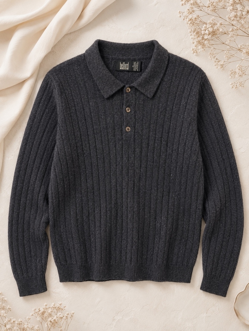 Telford Black Ribbed Cashmere Polo Sweater XL Classic